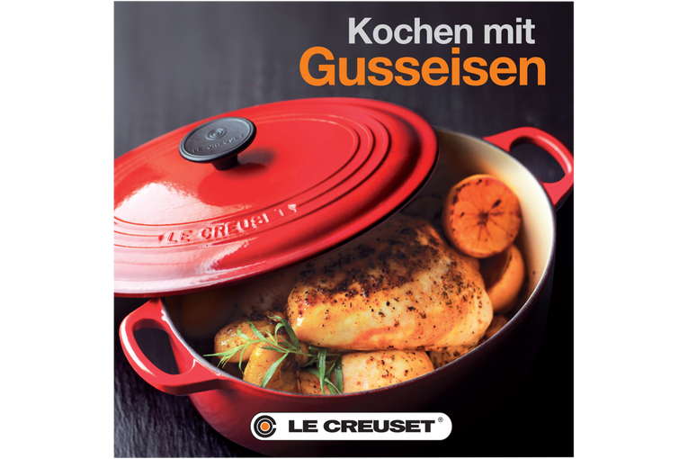 Cover des Le Creuset Kochbuches “Kochen mit Gusseisen”